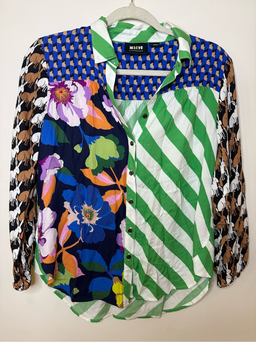 Maeve Mixed-Print Button-Up Top in Green, Blue & Tan